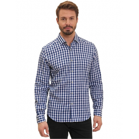 NEW Robert Graham Button Down Linen Shirt Blue Plaid Tailored Fit Size XS